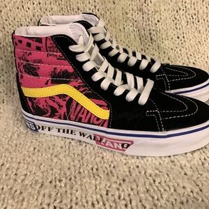 Vans Off the Wall womens pink/green/black hi-top sneakers.
